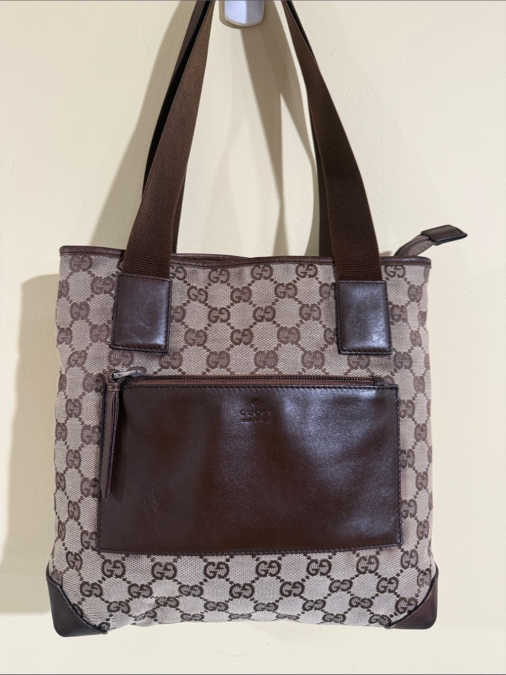Authentic Gucci Brown GG Canvas Tote with Dark Brown Leather Pocket